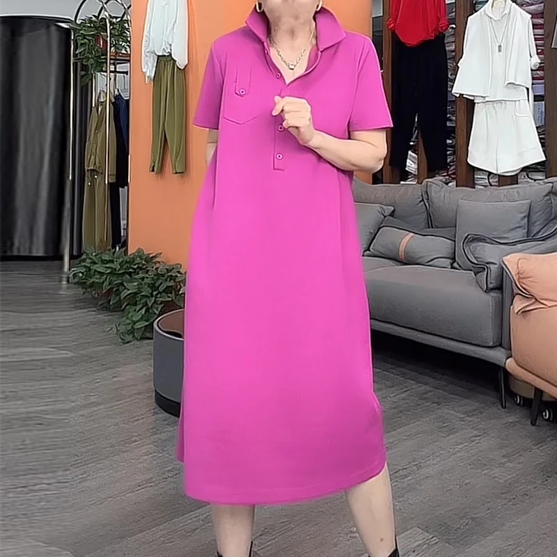 欧货高端大码宽松polo翻领长裙夏季新款休闲减龄体T恤时尚连衣裙