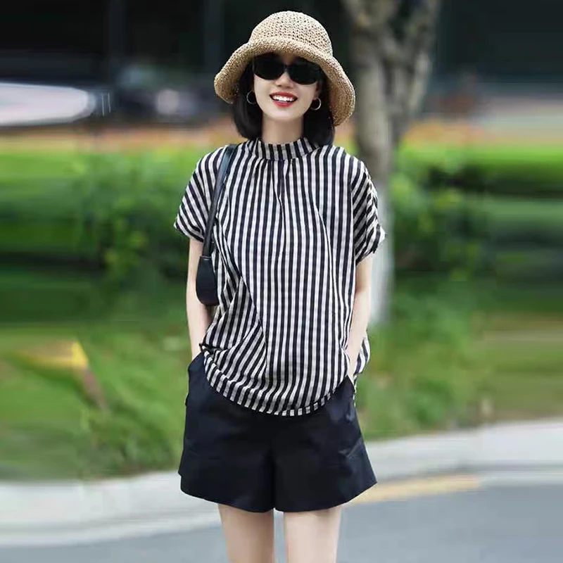 欧货时尚两件套装条纹衬衫搭配休闲短裤夏季新款遮肉显瘦小衫上衣