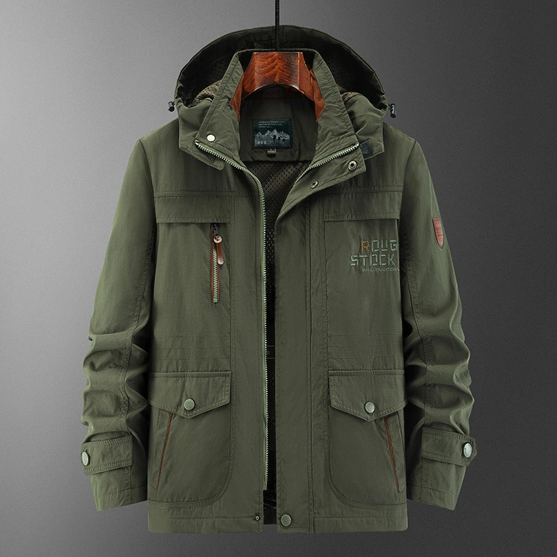春秋新款夹克外套男户外休闲多口袋中长款冲锋衣大码防水男士外套