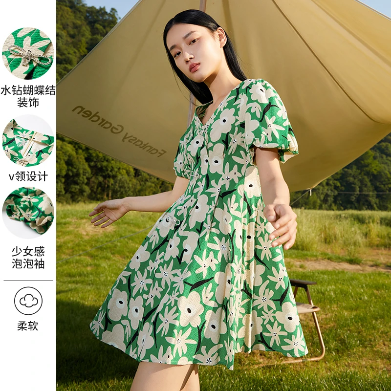 COLOVE/卡拉佛碎花夏季新款收腰显瘦高级感V领显白连衣裙822U159