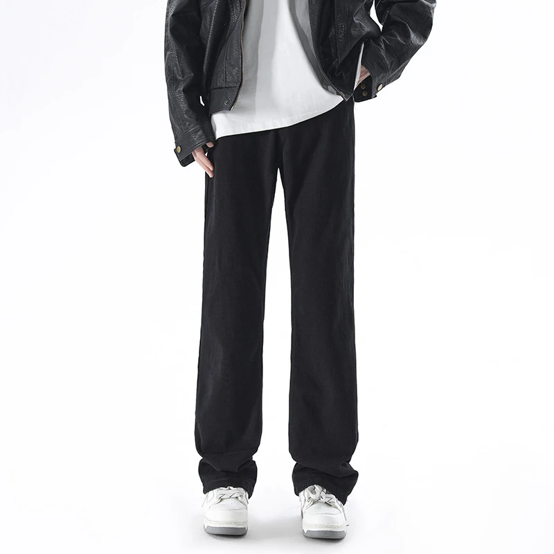 潮牌高街男生黑色弹力直筒微喇牛仔裤男秋冬美式百搭休闲长裤子