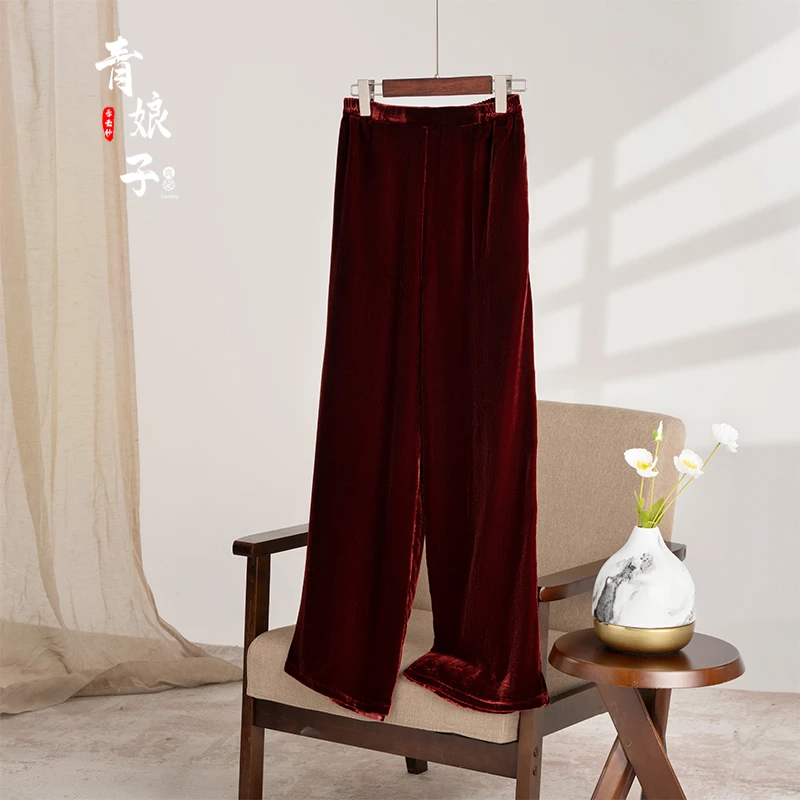 青娘子丝绒新中式时尚气质休闲宽松百搭直筒裤51229