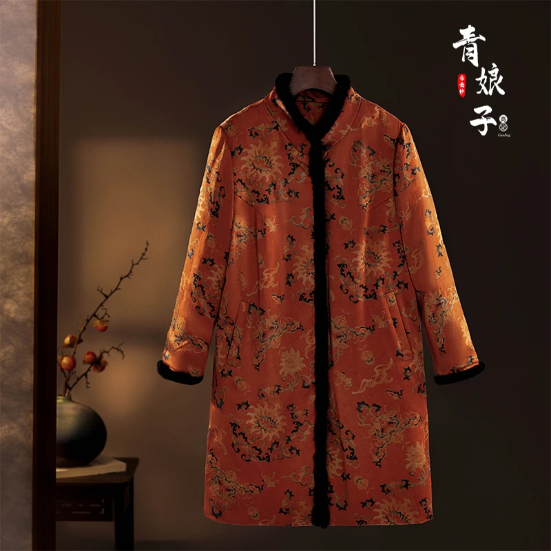 青娘子香云纱（苑菊）重缎印花新中式长款棉服50989