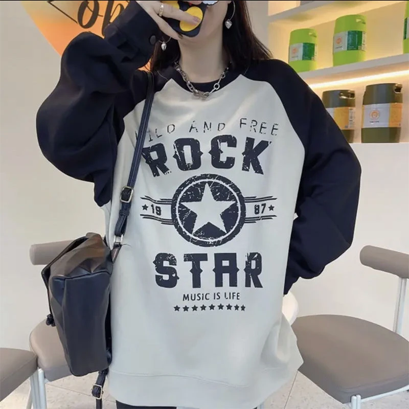 大码女装2-加厚胖mm百搭慵懒风圆领拼接秋冬加绒长袖卫衣宽松上衣