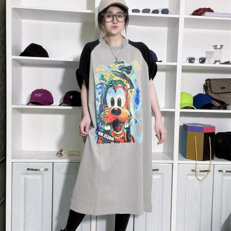 大码女装2-300斤胖mm卡通印花字母拼接撞色短袖T恤过膝连衣裙夏季