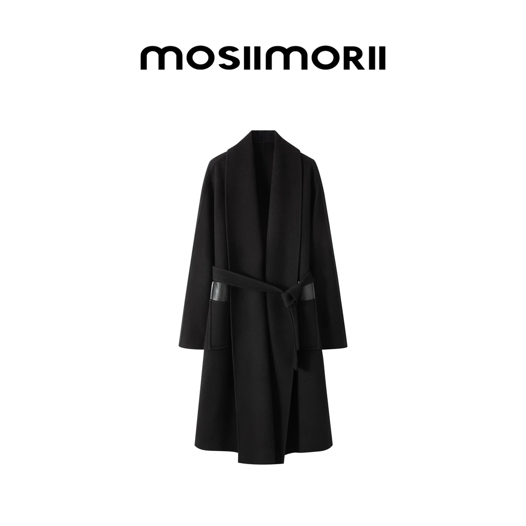 【墨恋1】100%绵羊毛时尚气质经典轻奢设计师女士黑色秋冬毛呢大衣