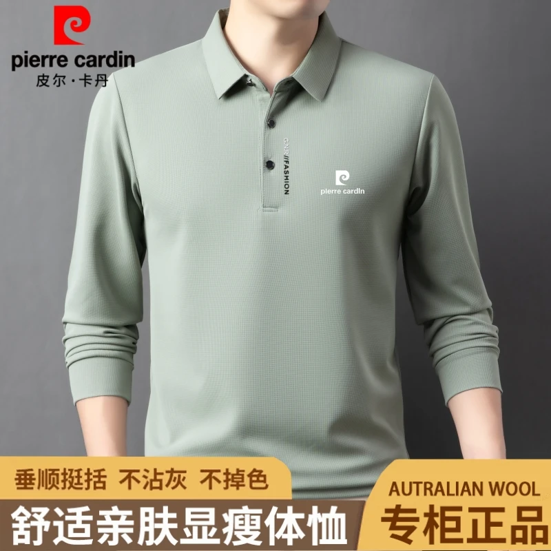 皮尔卡丹高档桑蚕丝长袖t恤男士轻奢polo衫商务休闲时尚翻领上衣