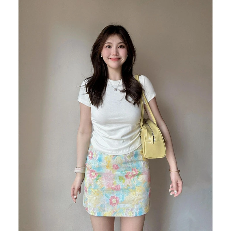 辣妹套装女夏白色短袖T恤晕染碎花半身裙A字包臀裙微胖显瘦两件套