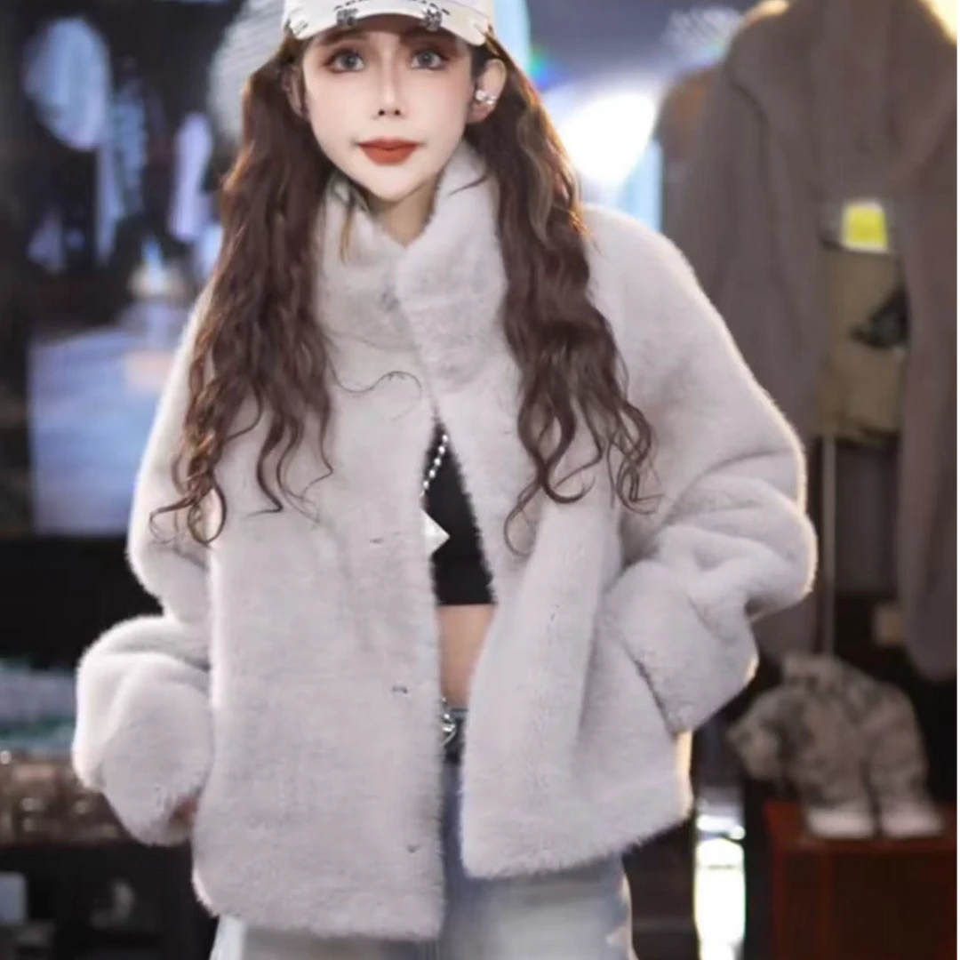 人造皮草 新款现货百搭时尚人造皮草毛毛外套显高级时尚洋气立领