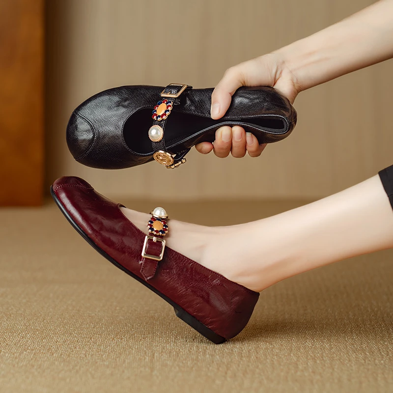 【FENGXUAN】2024新款法式复古一字带真皮单鞋通勤圆头平底单鞋女