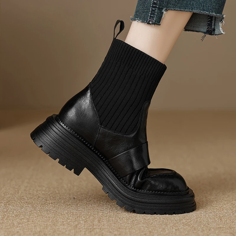 【FENGXUAN】跟高5cm真皮黑色经典百搭手抓贴皮一脚蹬瘦瘦靴短靴女