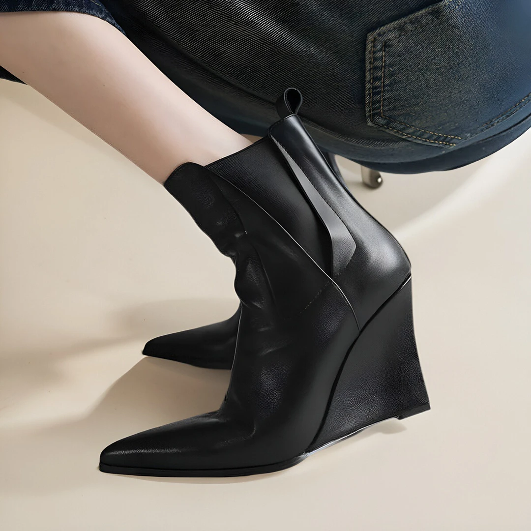 法式坡跟小踝靴短靴高级感尖头高跟单靴高跟真皮靴子女2024秋冬款