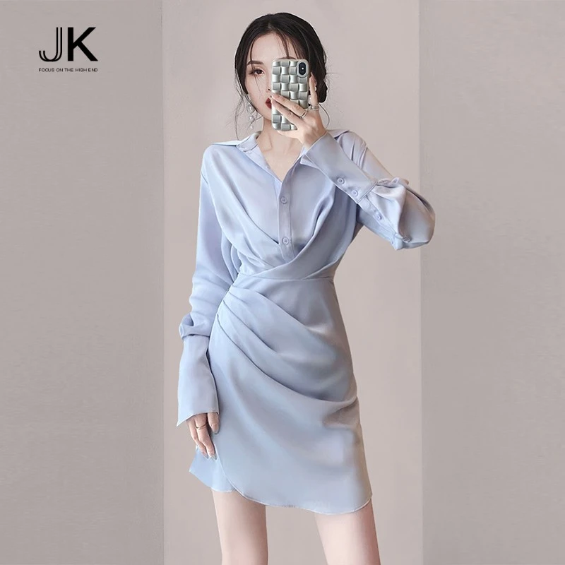 高级感蓝色衬衫裙女2025春装新款小个子职业气质显瘦不规则连衣裙