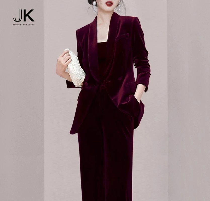 冬季新款红色丝绒西装外套九分裤两件套装气质干练高级办公职业装