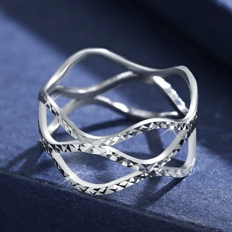 千烁珠宝Pt950铂金女士车花波浪镂空气质食指戒个性白金闭口戒指