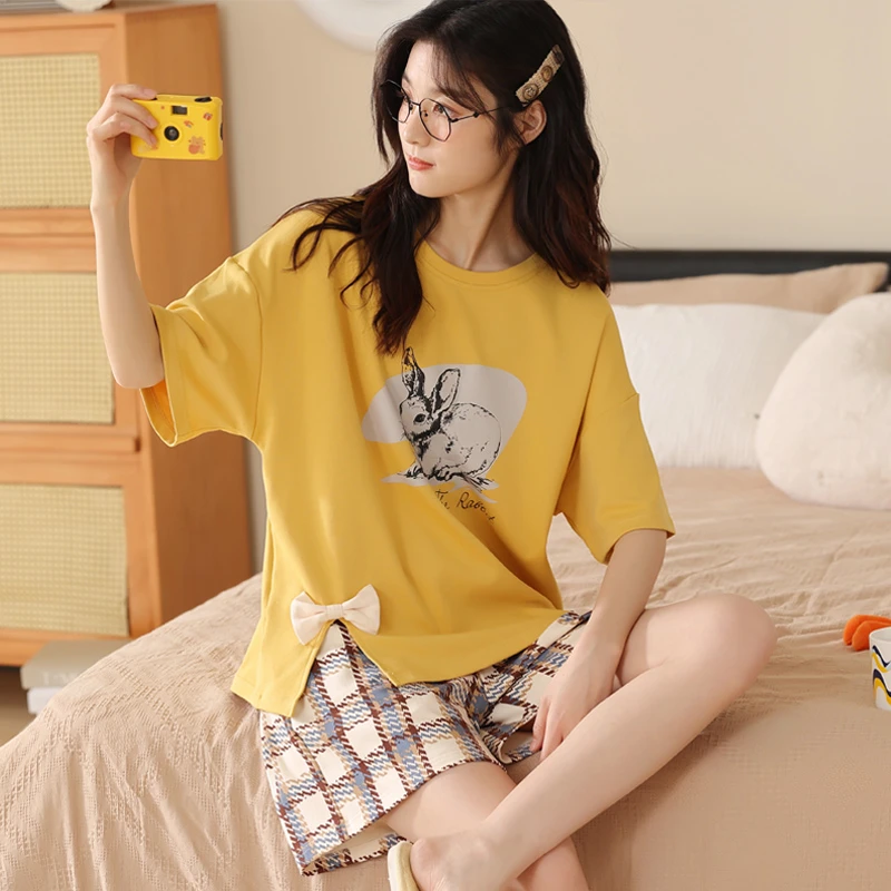 睡衣女士网红夏季2023年新款宽松卡通纯棉短袖薄款全棉家居服套装