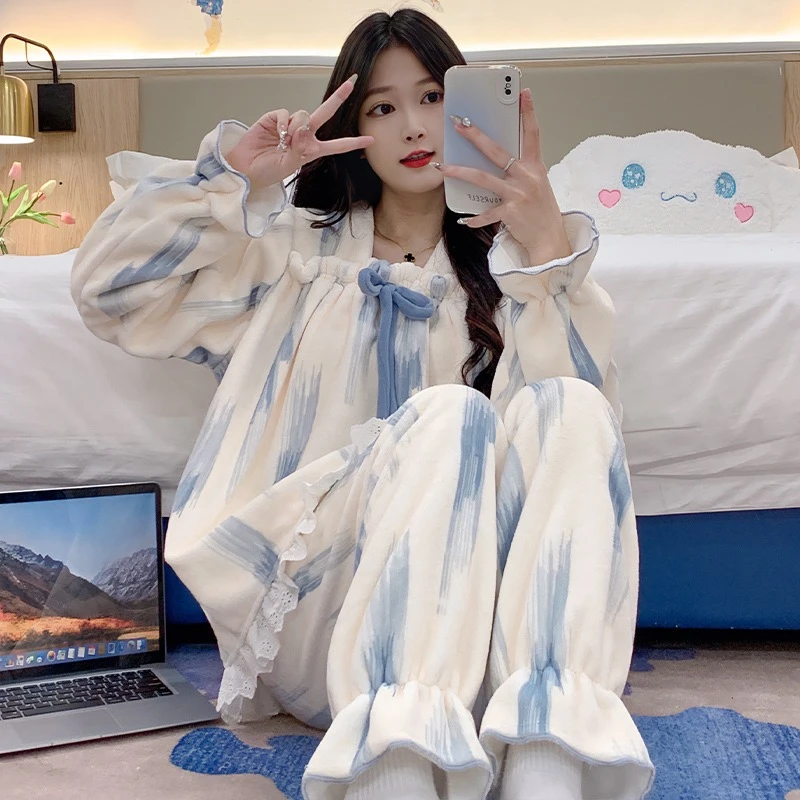 睡衣女款秋冬季加绒加厚珊瑚绒长袖冬天保暖甜美法兰绒家居服套装