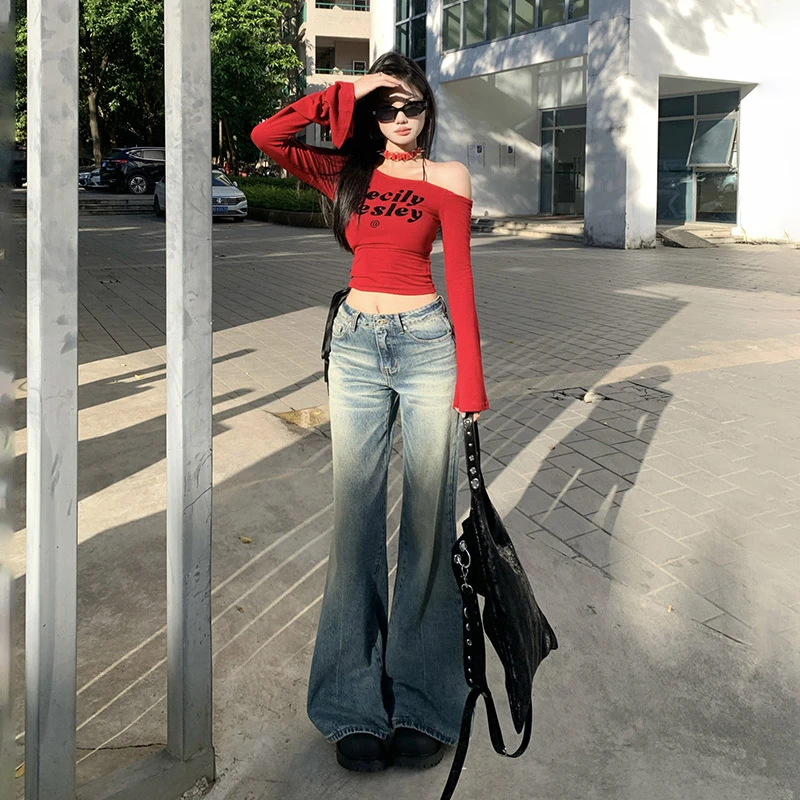 2025夏装新品美式复古水洗低腰辣妹喇叭裤垂感百搭初夏牛仔裤女