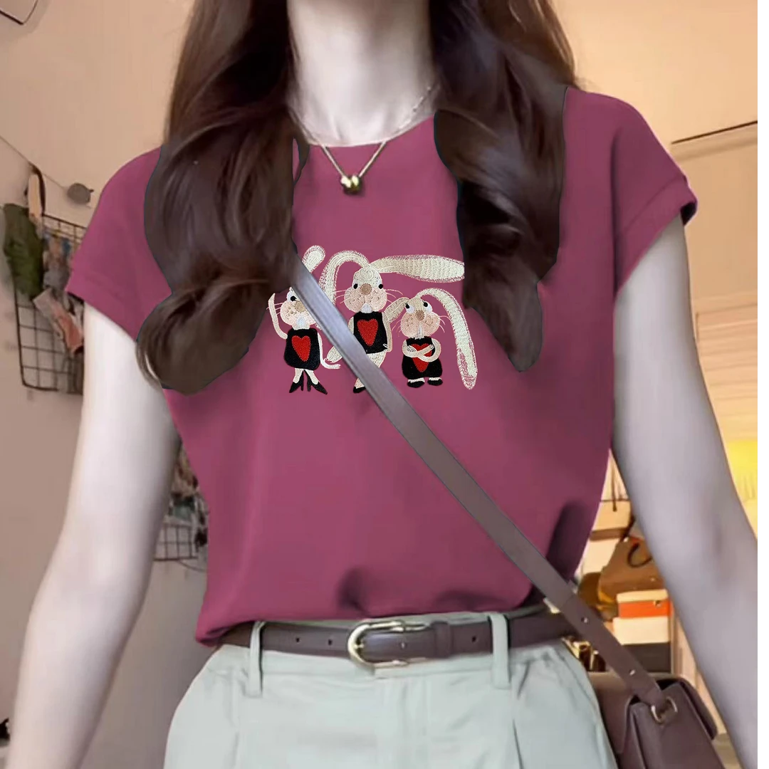 树莓色正肩短袖t恤女夏季美式复古减龄修身显瘦上衣印花百搭体恤