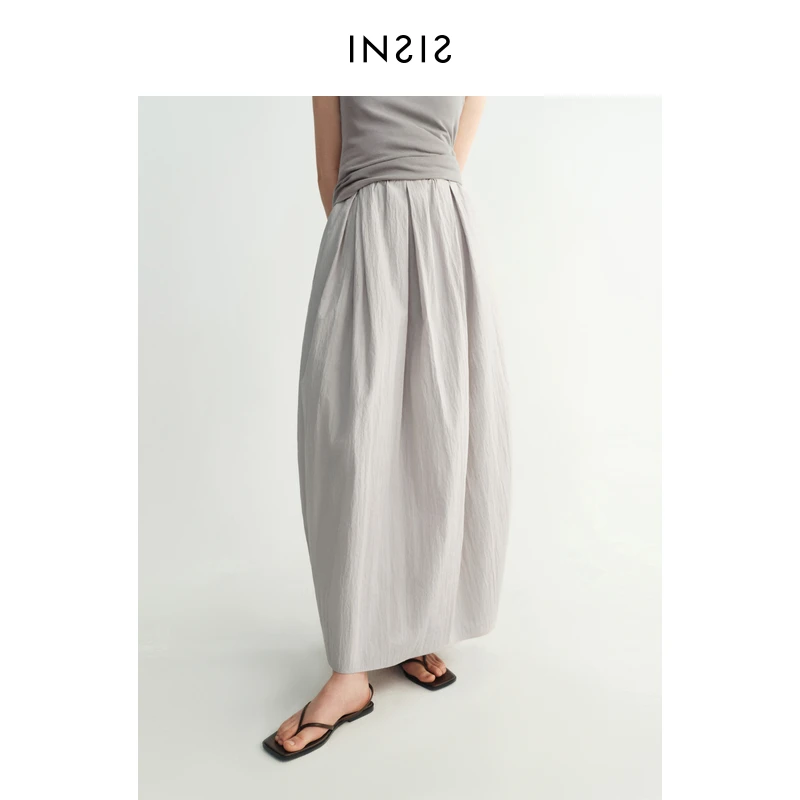 INSISFEMME北欧肌理长绒棉夏新款捏褶花苞长半身裙女恋夏风穿搭