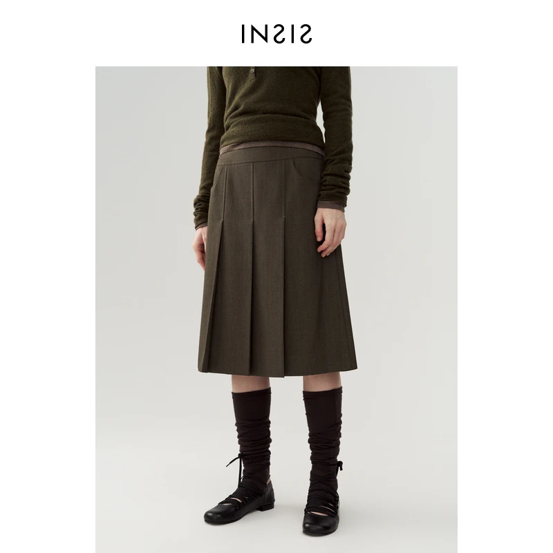 INSIS FEMME秋冬新款显瘦半身裙基础压褶中长款半裙时尚