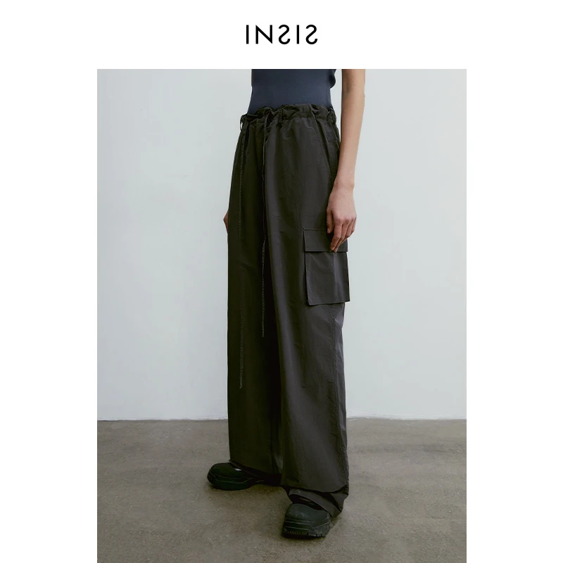 INSIS FEMME腰部抽绳阔腿工装裤女春夏新款纸感棉户外休闲风长裤