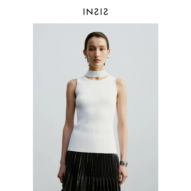 INSIS FEMME领口分割中领无袖针织背心女春夏新款清凉Viscose纱