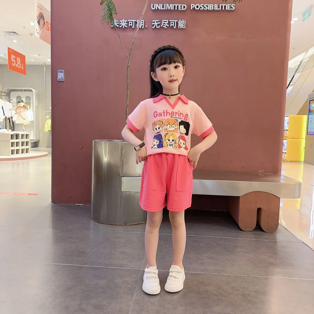2023夏季新款女童可爱风多巴胺短袖V领短裤套装