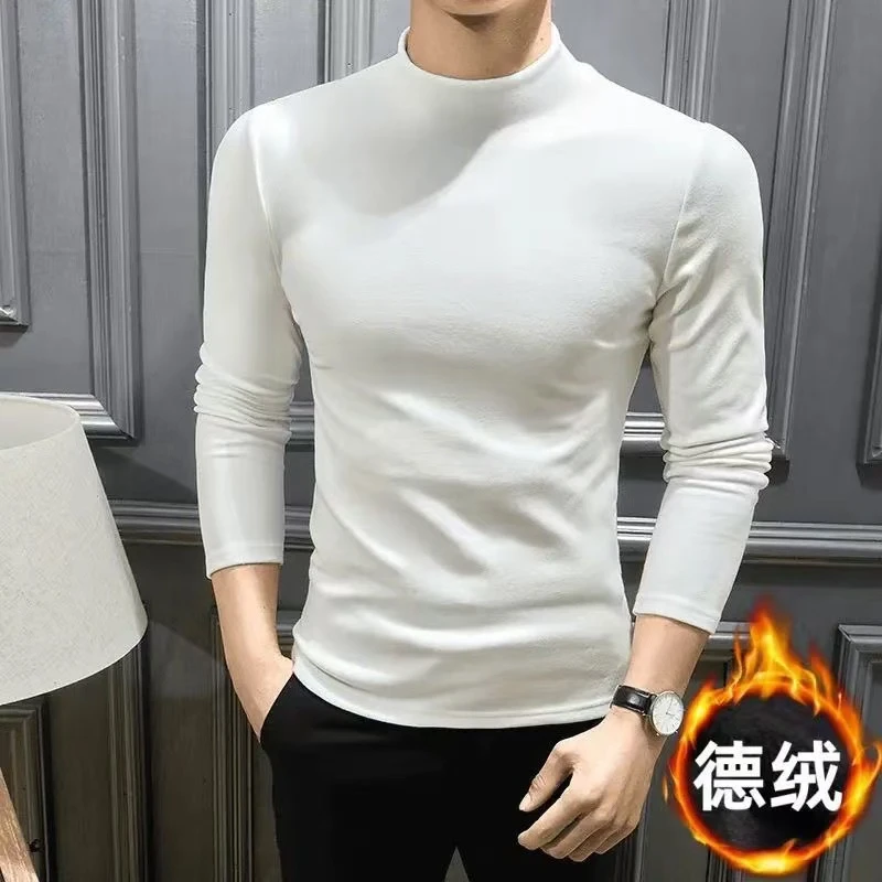 2024夏季新款男士德绒打底衫修身弹力休闲百搭帅气时尚半高领紧身