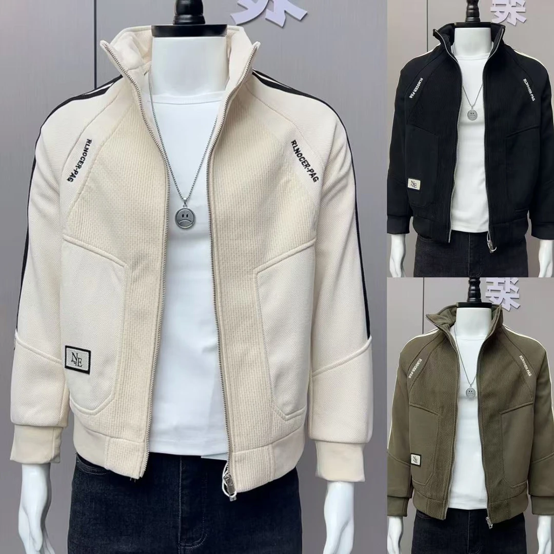 2024新款男士外套立领秋季加厚时尚拼色字母潮流帅气百搭拉链夹克