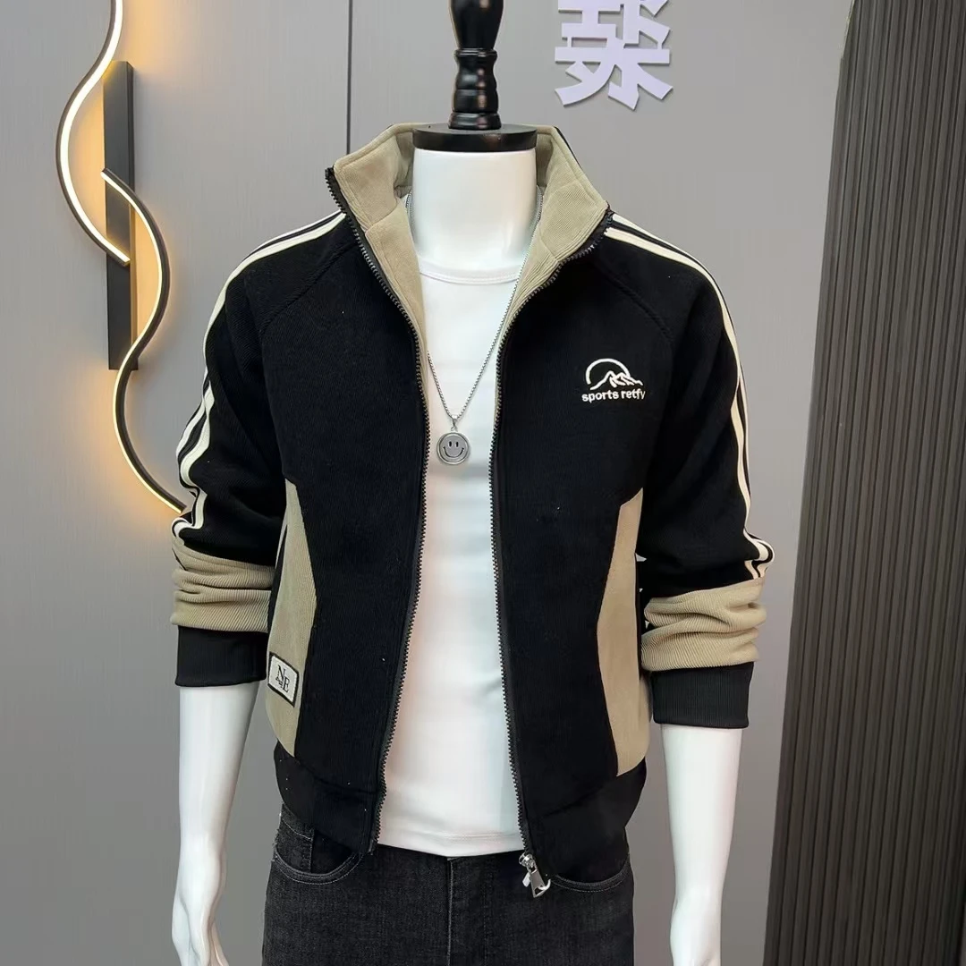 2024新款立领冬季加厚男士外套时尚修身潮帅气拼色拉链雪尼尔夹克