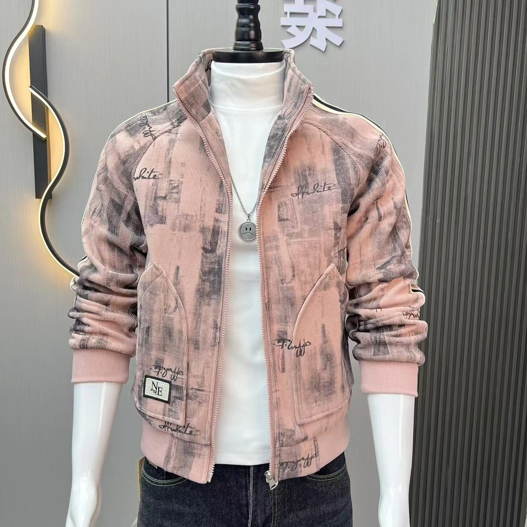 男士外套2024新款秋冬时尚印花潮流休闲百搭爆款加厚毛呢迷彩夹克