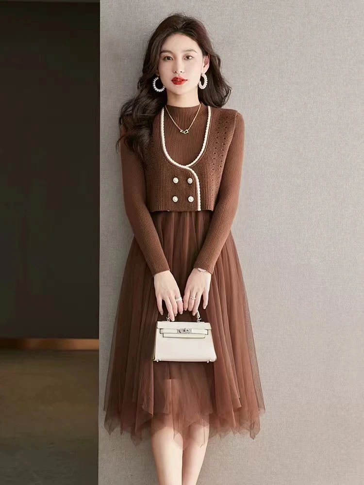 秋冬法式气质马甲连衣裙两件套遮肉显瘦连衣裙（U型领）