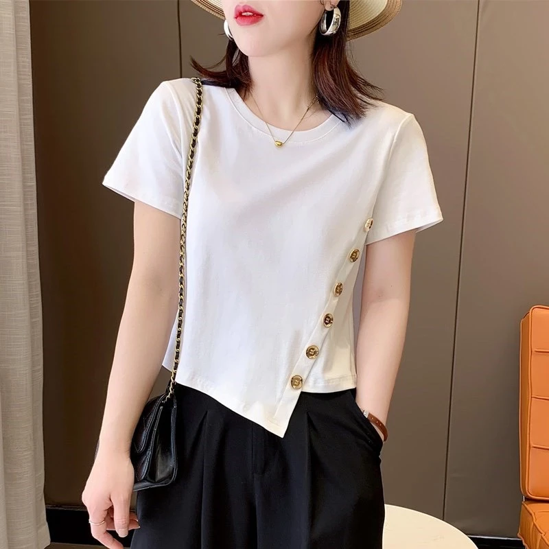 夏季显瘦不规则圆领短款百搭t恤时尚小众