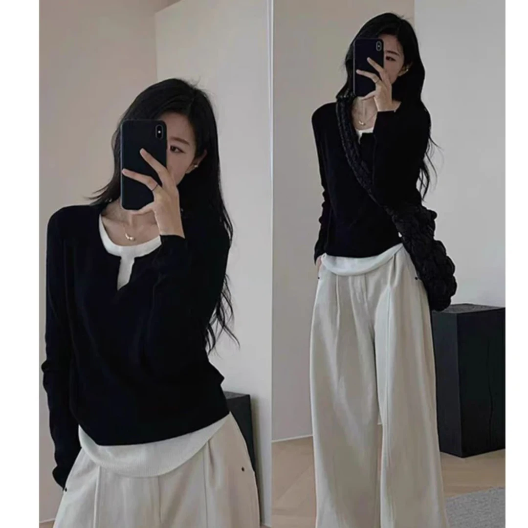 樊范儿2024假两件V领内搭打底衫女早秋修身长袖针织衫-24579