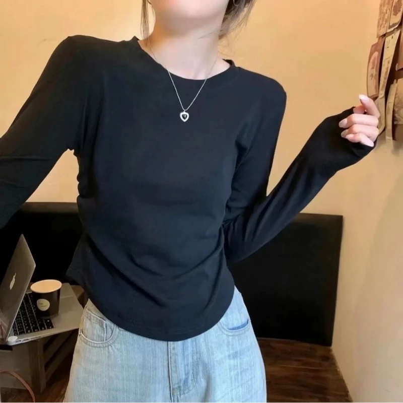 【清仓福利】设计感不规则弧度抽褶内搭短款上衣女-FE437