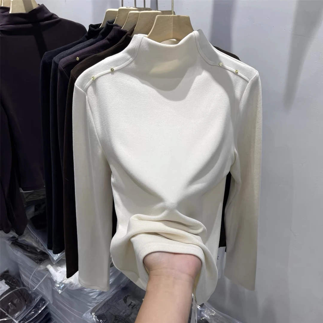 【清仓福利】钉珠纯色德绒T恤女秋冬新款休闲打底上衣女装-24772