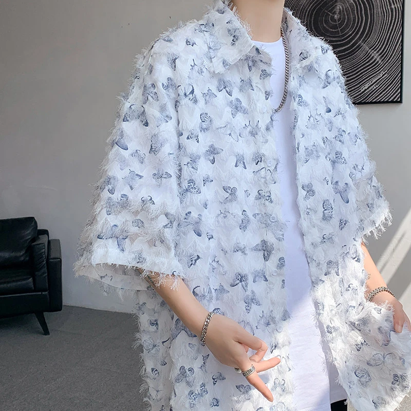 情侣花衬衫男款夏季新款蝴蝶印花流苏设计感宽松百搭潮流上衣外套