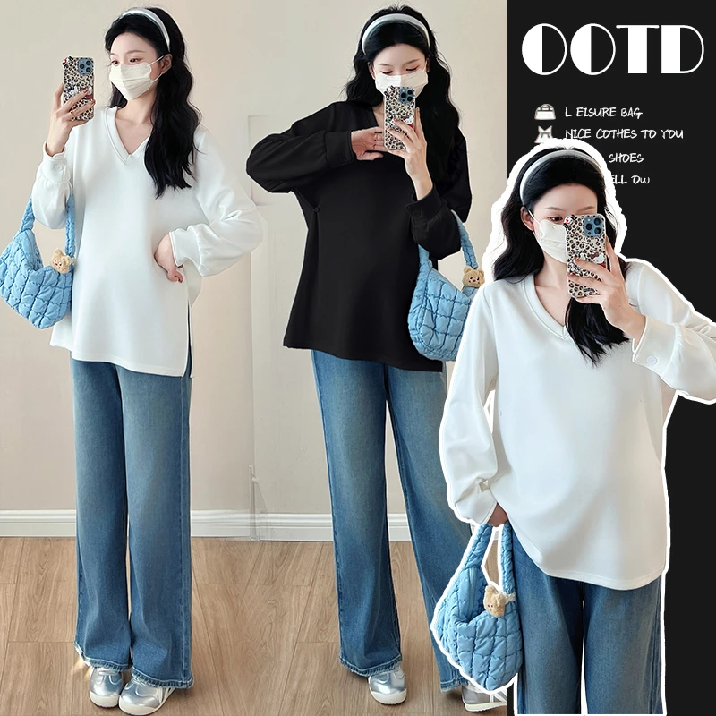 孕妇装秋冬高级简约V领显瘦慵懒长袖上衣侧边开叉小心机百搭T恤