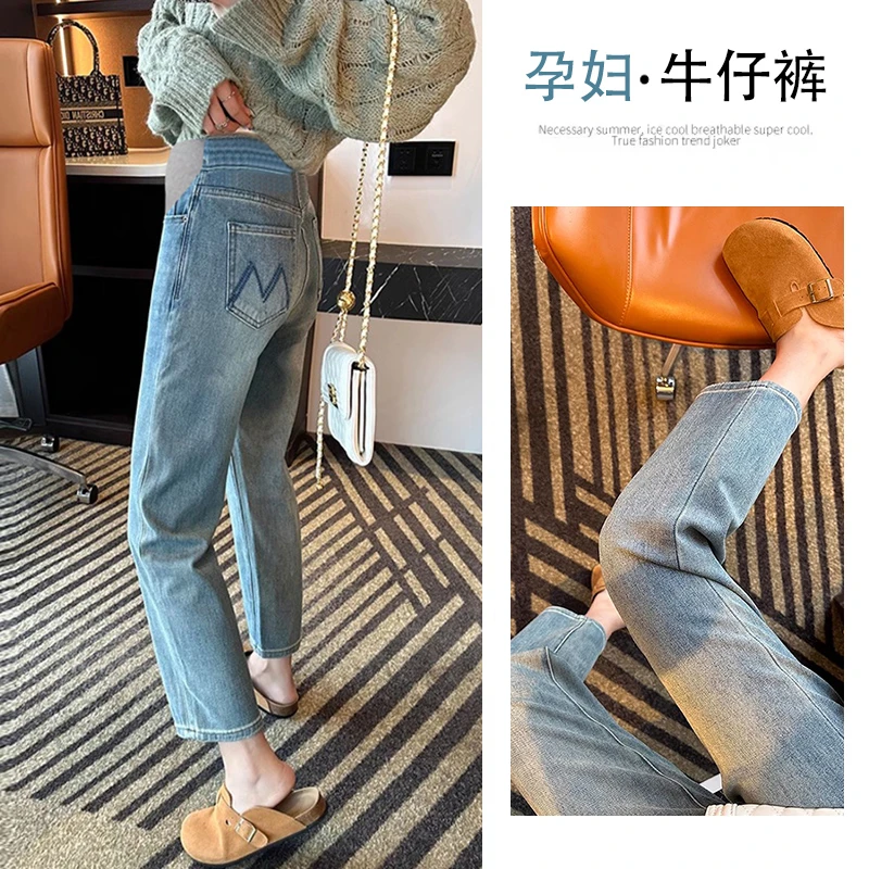 孕妇裤子春夏韩版网红显瘦弹力蓝色做旧口袋刺绣牛仔九分裤小个子