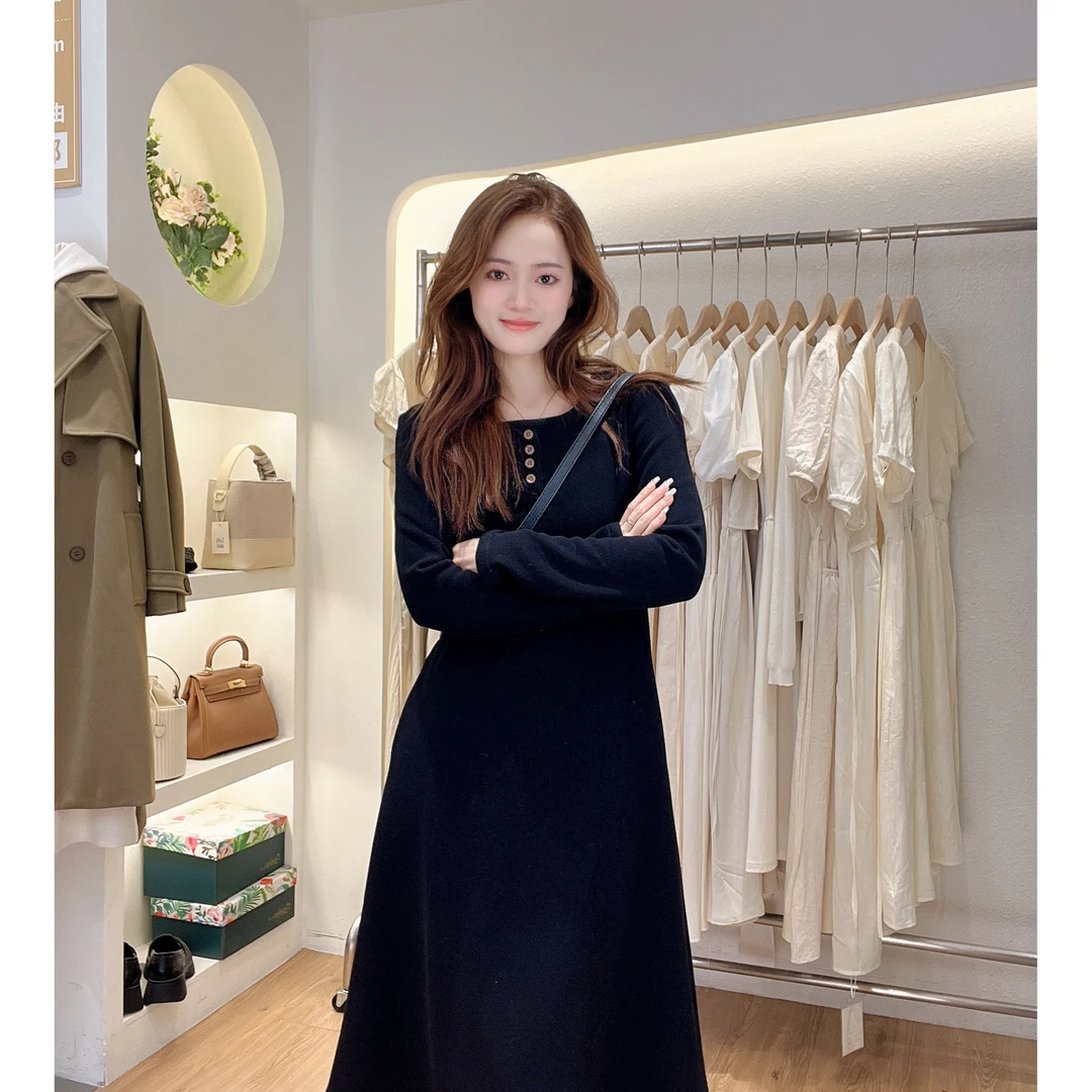 【小个子】2023秋冬新款加绒纯色懒人套头通勤长袖有口袋连衣裙