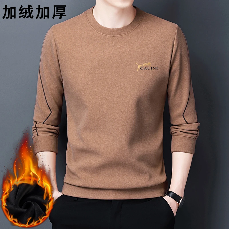 加绒卫衣男士圆领保暖秋冬新款上衣纯色长袖T恤加厚打底衫青年潮