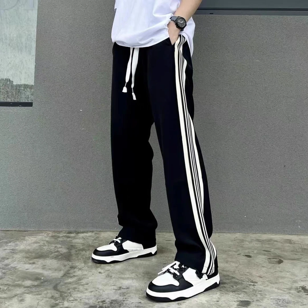 轻奢高端潮牌美式运动直筒裤男2024秋季小众侧边条纹宽松休闲裤潮