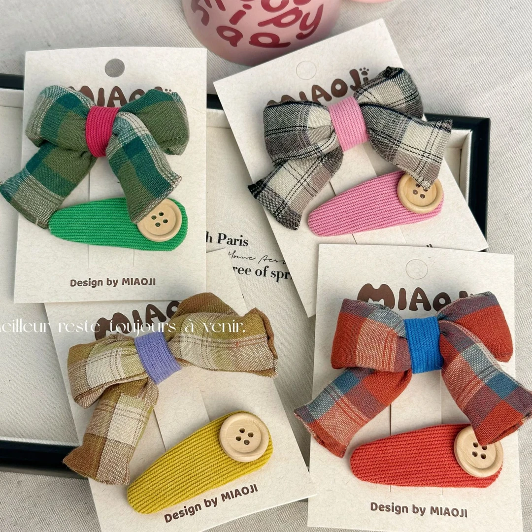 女格纹蝴蝶结发夹韩版甜美百搭纽扣BB夹碎发边夹头饰