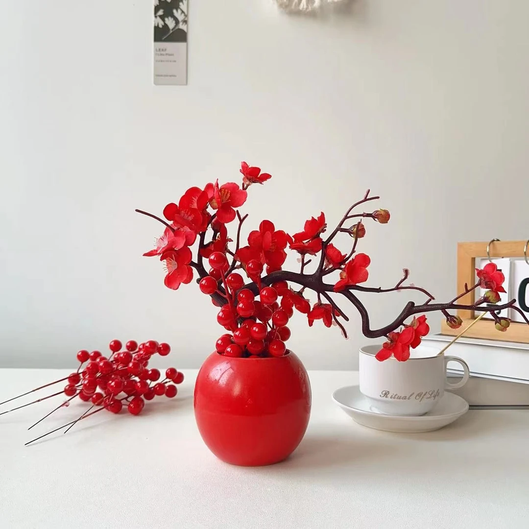 仿真腊梅花中式梅花枝红梅干枝插花客厅卧室摆件婚庆布景装饰家居
