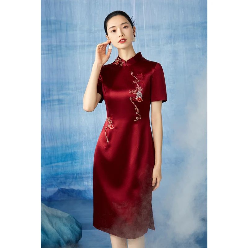 粉蓝衣橱轻奢东方绣花醋酸改良连衣裙女新款短袖礼服裙气质裙子
