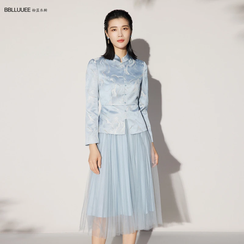 BBLLUUEE/粉蓝衣橱2022秋冬中式旗袍立领网纱半裙两件套523T007
