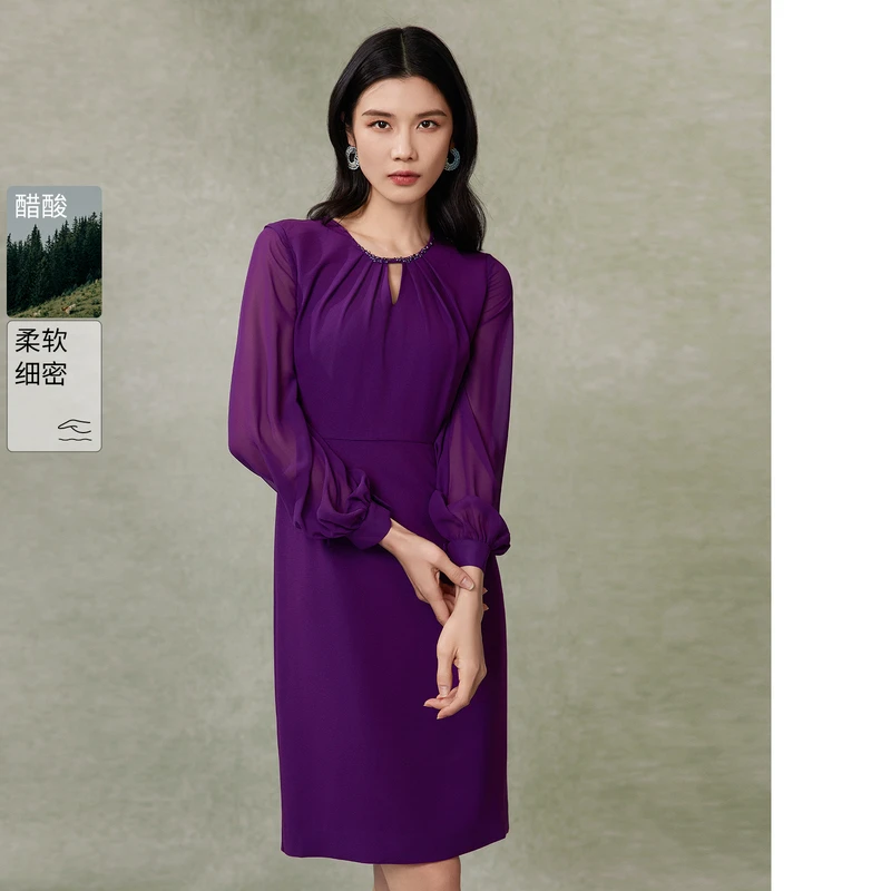 【醋酸钉钻礼服裙】BBLLUUEE/粉蓝衣橱2025春装东方感纱袖连衣裙