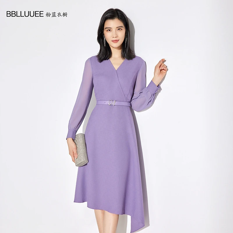 粉蓝衣橱优雅V领连衣裙女春夏袖拼接紫色气质收腰A字裙531L373