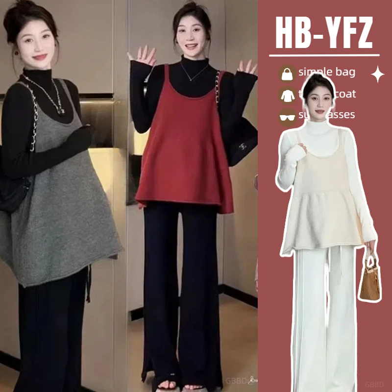 孕妇装秋季套装外穿韩版红色针织毛衣半高领打底衣孕妇秋冬两件套